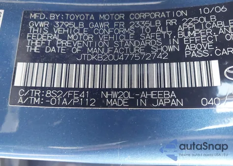 2007 Toyota Prius z USA, uszkodzony, nr VIN JTDKB20U477572742